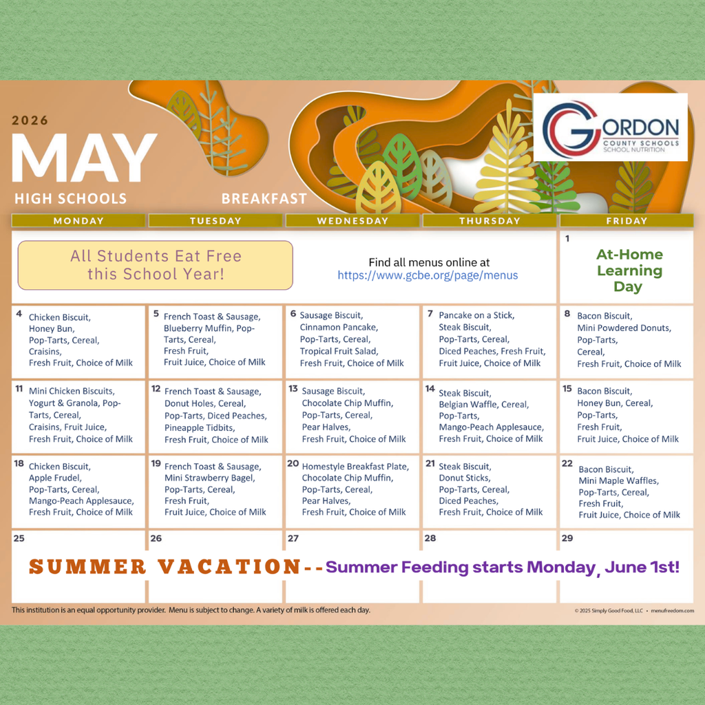 May 2026 - High School Calendar of Breakfast Menu