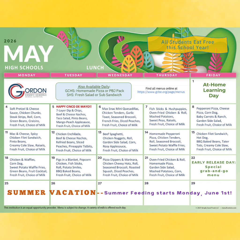 May 2026 Calendar of High School Lunch Menu