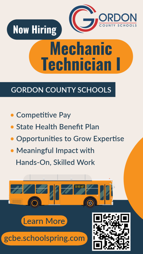 Now Hiring Mechanic Technician I for Gordon County Schools, ad with school bus and QR code