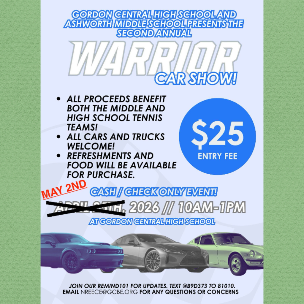 2nd Annual Warrior Car Show - Sat. May 2nd from 10 AM to 1 PM. All proceeds benefit both the middle and high school tennis teams. All cars and trucks welcome! $25 Entry Fee - Cash or Check only event. Refreshments and food will be available for purchase. Join the Remind 101 for updates by texting @B9D373 to 81010. Email nreece@gcbe.org for any questions or concerns.