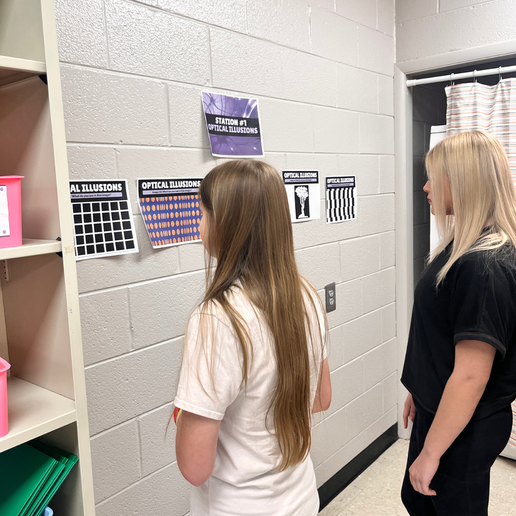 Students in Essentials of Healthcare doing lab stations for the nervous system