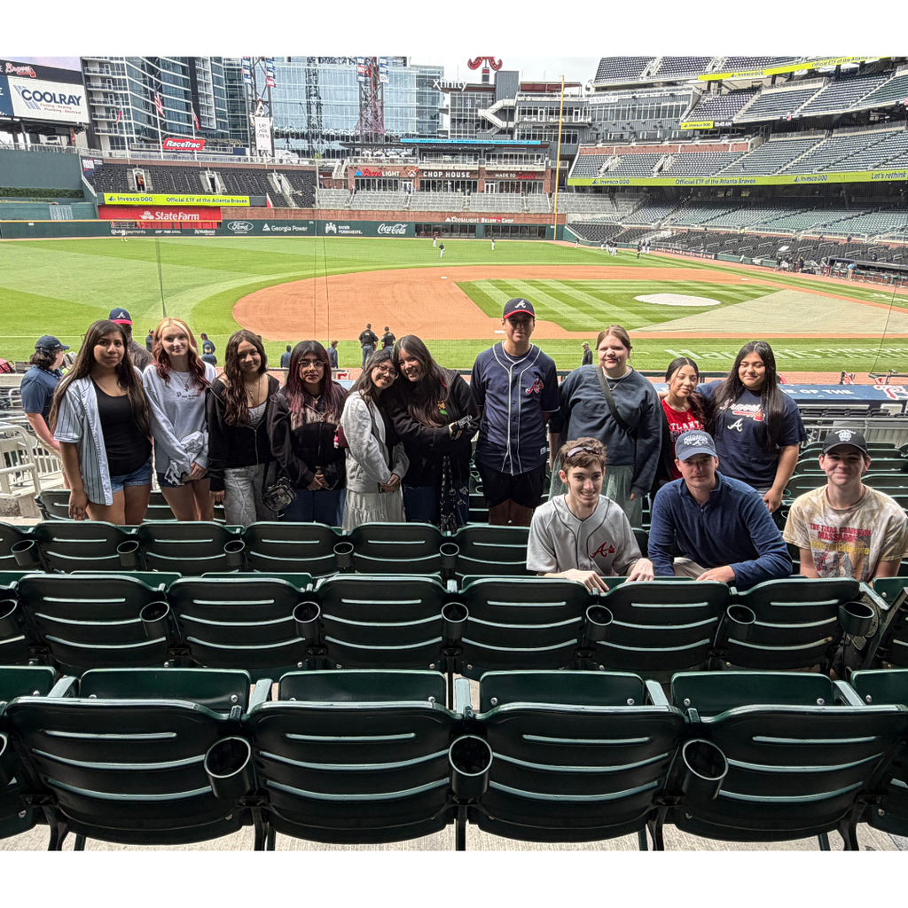 Group pic of GCHS AVTF Skills USA students at the Braves vs Detroit Tigers game after learning from members of the Atlanta Braves organization