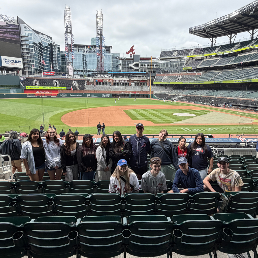 Group pic of GCHS AVTF Skills USA students at the Braves vs Detroit Tigers game after learning from members of the Atlanta Braves organization