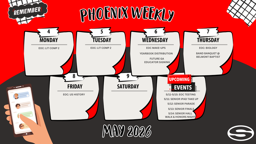 An image of the Phoenix Weekly calendar highlighting EOC testing May 4-8.