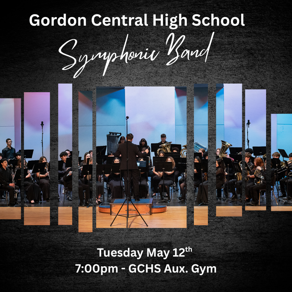 Photo of GCHS Symphonic Band as an invitation to their Spring Concert on Tuesday, May 12th at 7:00. PM in the GCHS Aux Gym