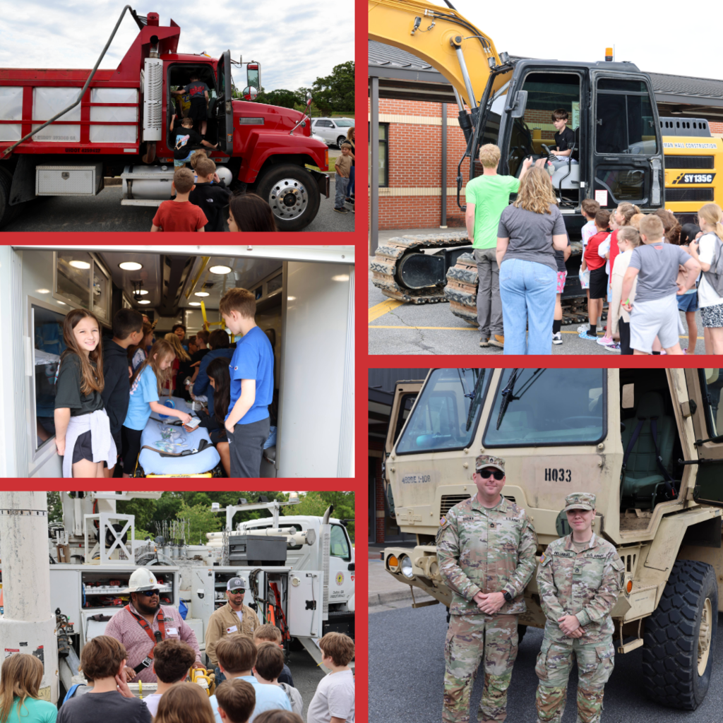 A collage of students getting in different transportation vehicles and talking to people in those career field choices