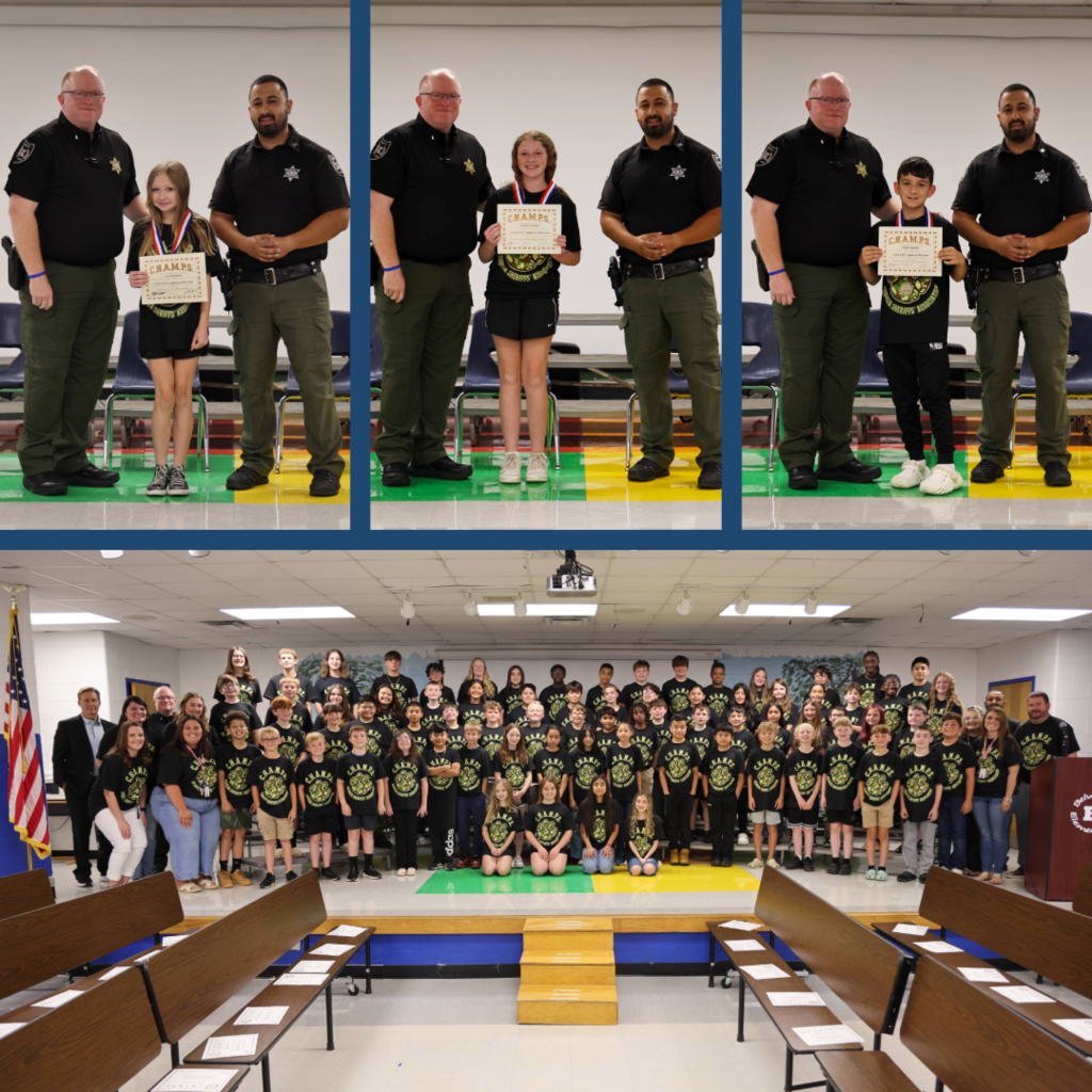 Student winners and a group picture of 5th grade students at the CHAMPS ceremony