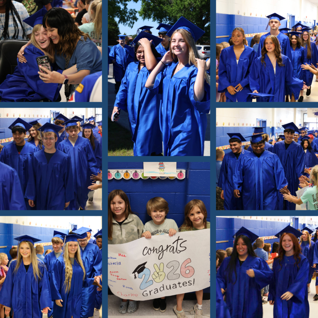 GCHS Graduation Walk as seniors in caps and gowns walked down Belwood Elementary hallway