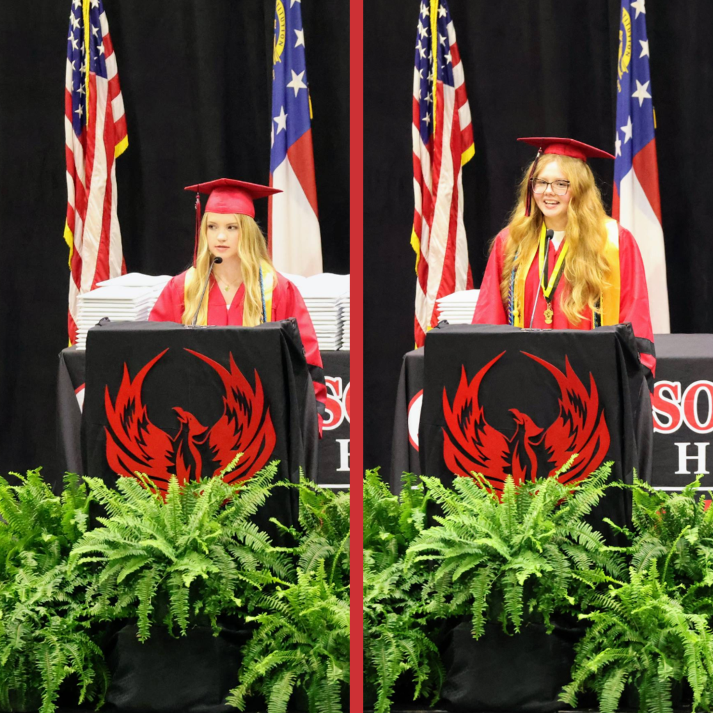 SHS Class of 2026 ceremony collage of graduates on a graduation stage, speaking