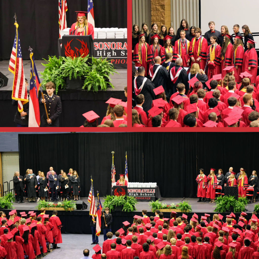 SHS Class of 2026 ceremony collage of graduates and educators on a graduation stage, speaking