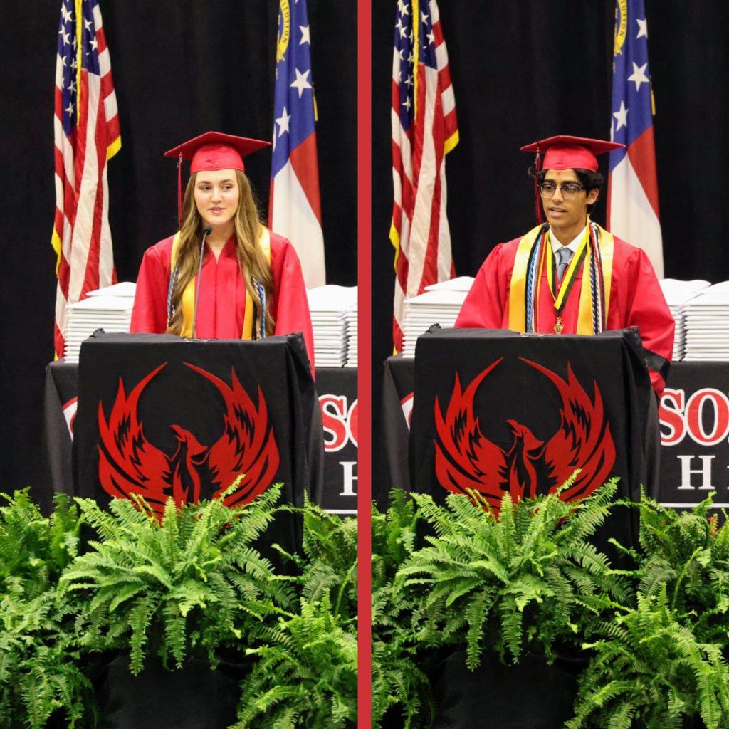 SHS Class of 2026 ceremony collage of graduates on a graduation stage, speaking