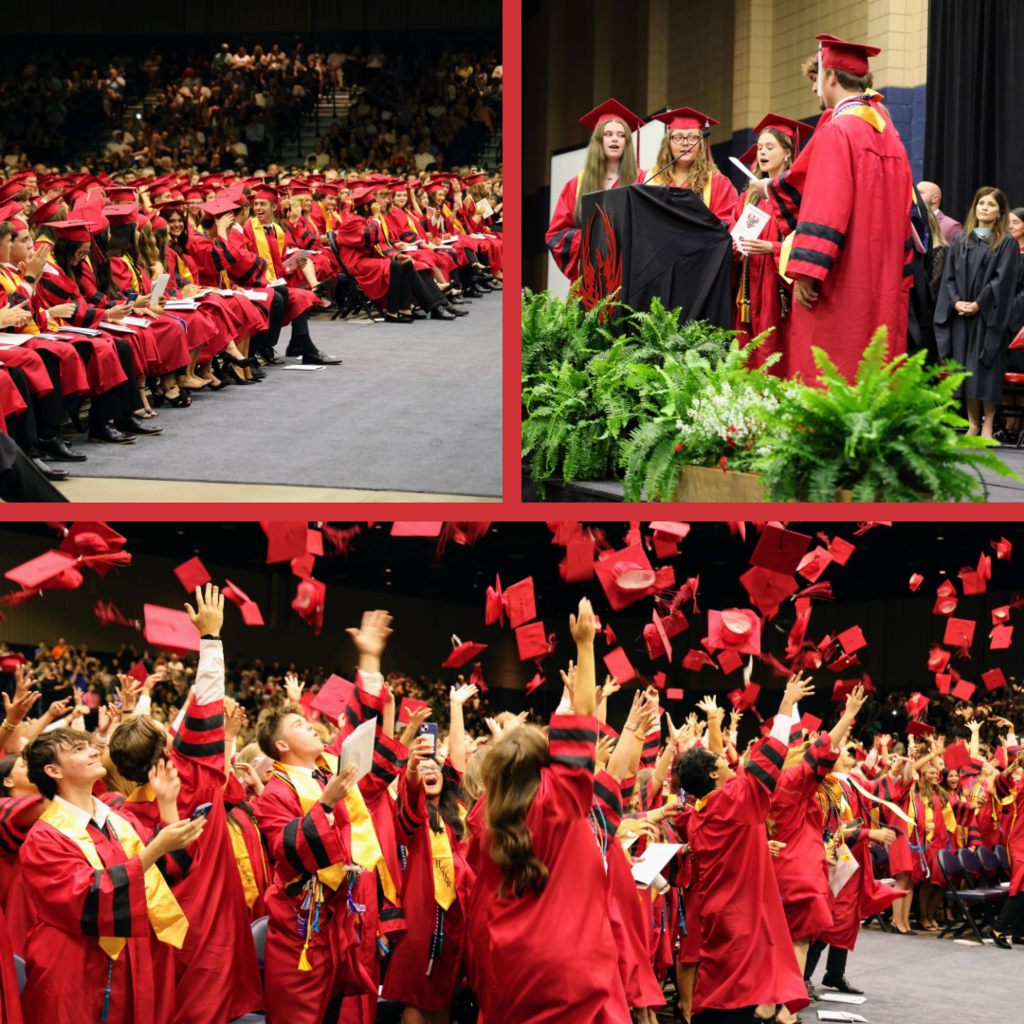 SHS Class of 2026 ceremony collage of graduates in their caps and gowns, singing on stage, before throwing their caps