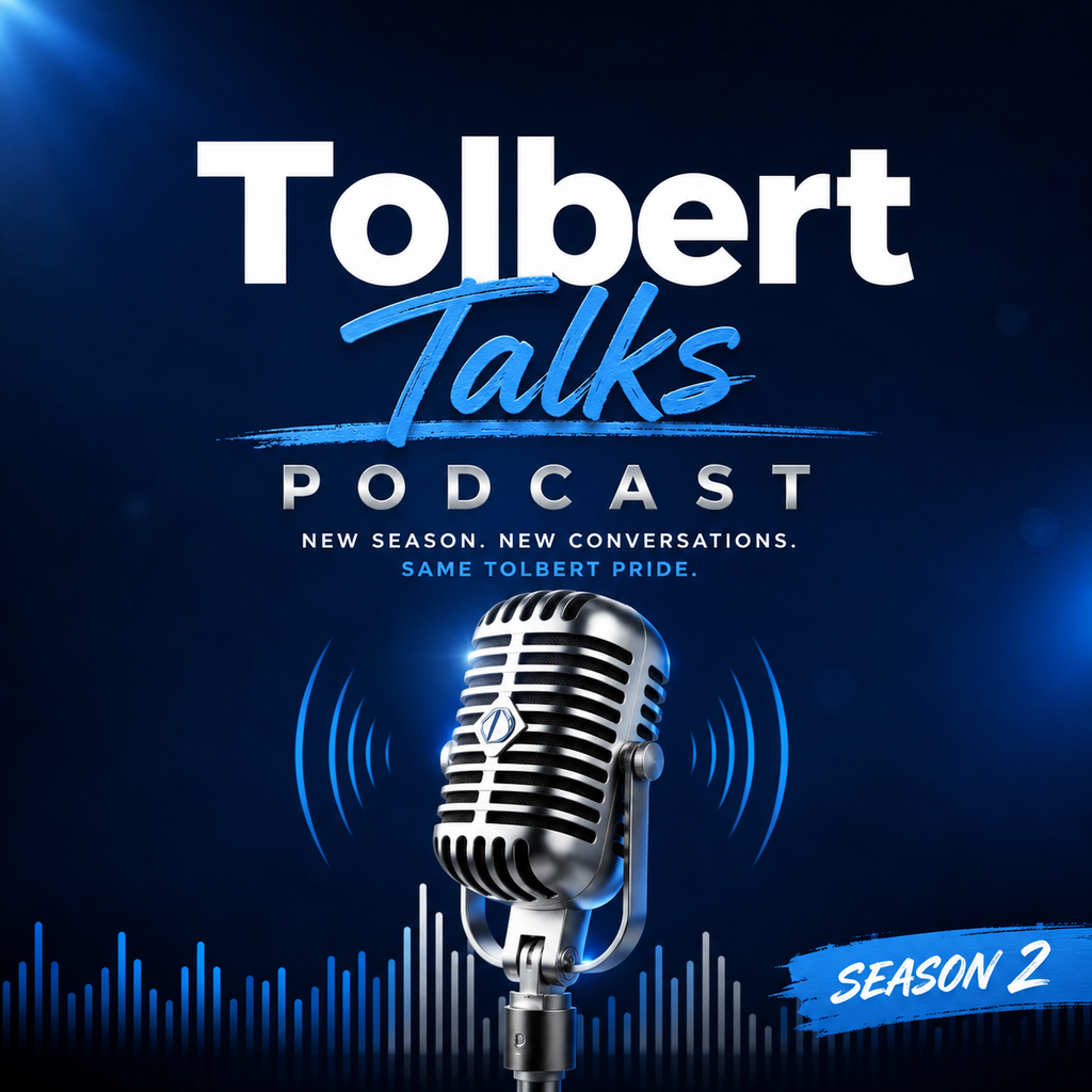 “Tolbert Talks Podcast” Season 2 graphic with a microphone, blue sound waves, and bold title on a dark blue background.