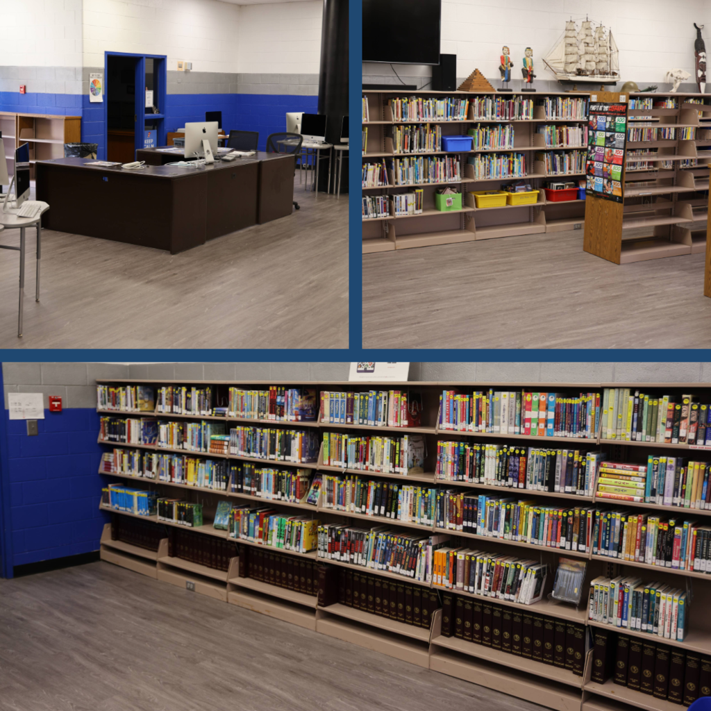 AMS media center with bookshelves and the librarian's desk