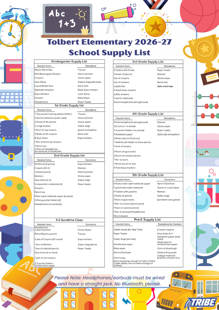 Colorful flyer with Tolbert Elementary 2026–27 school supply list.