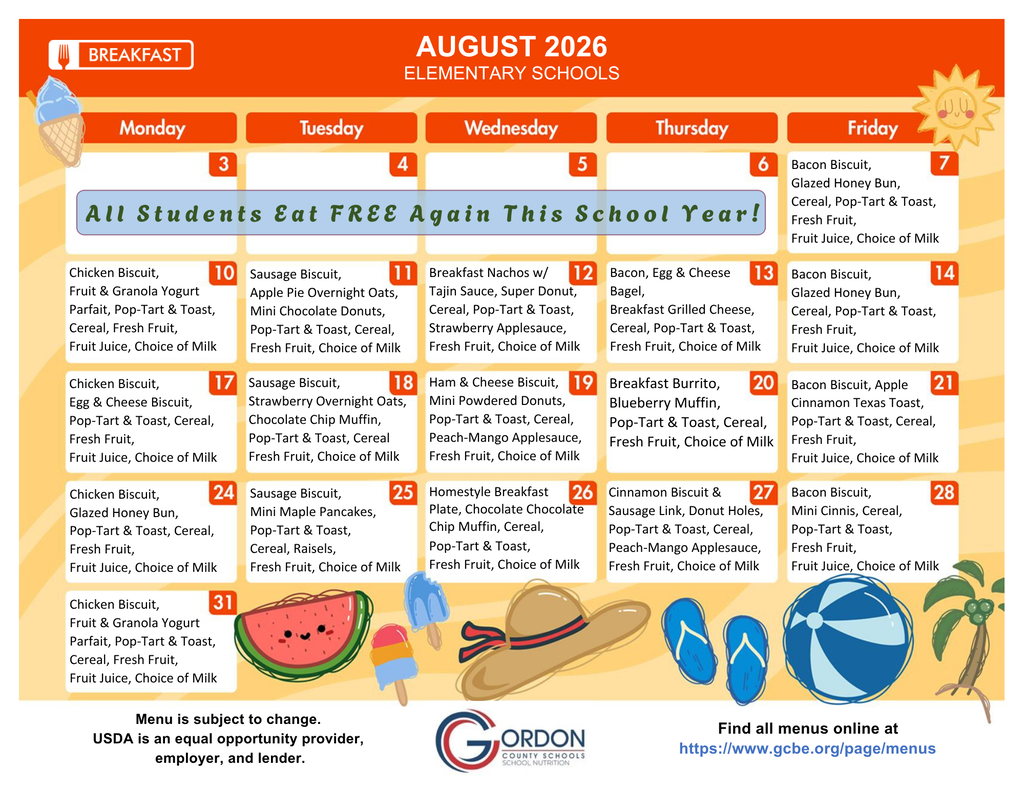 August 2026 breakfast menus for elementary schools in Gordon County, GA