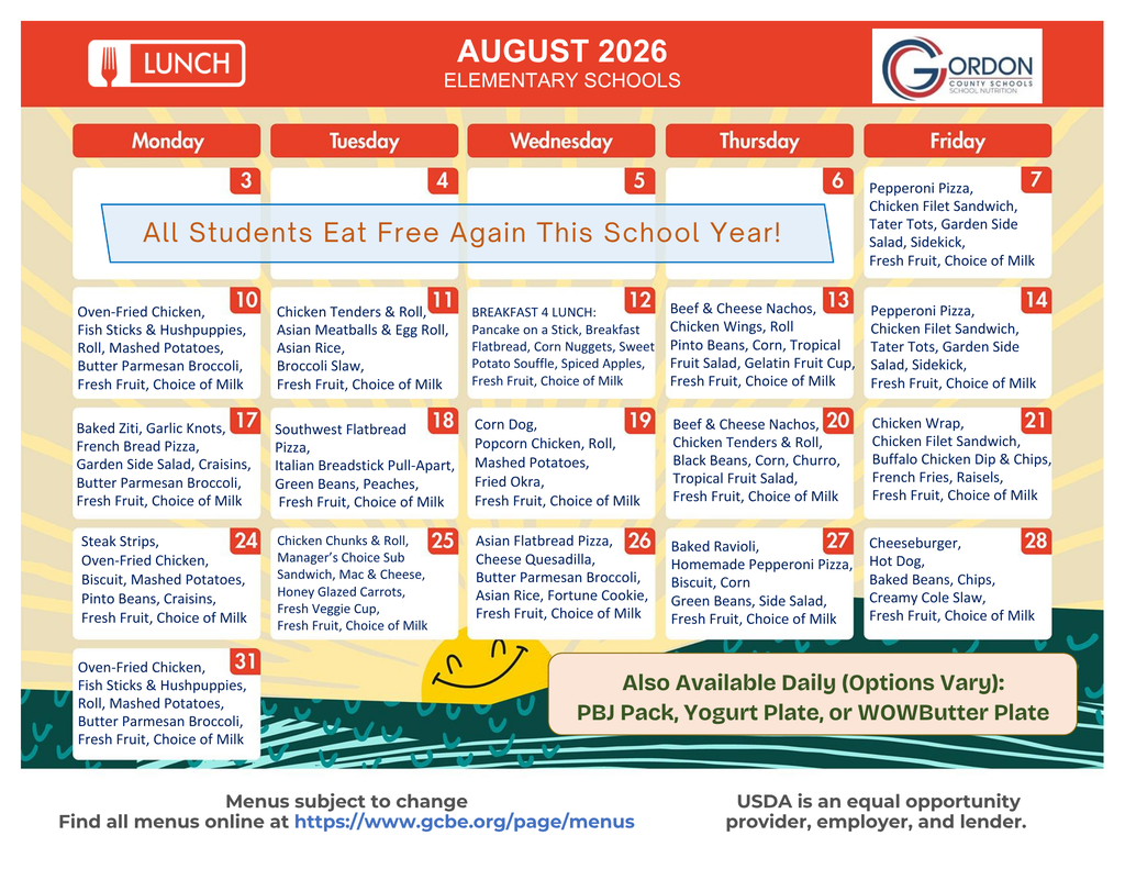 August 2026 lunch menus for elementary schools in Gordon County, GA