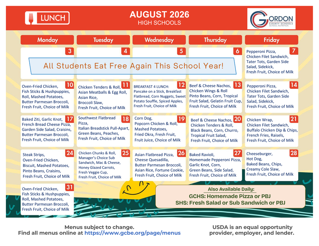 August 2026 lunch menus for high schools in Gordon County, GA