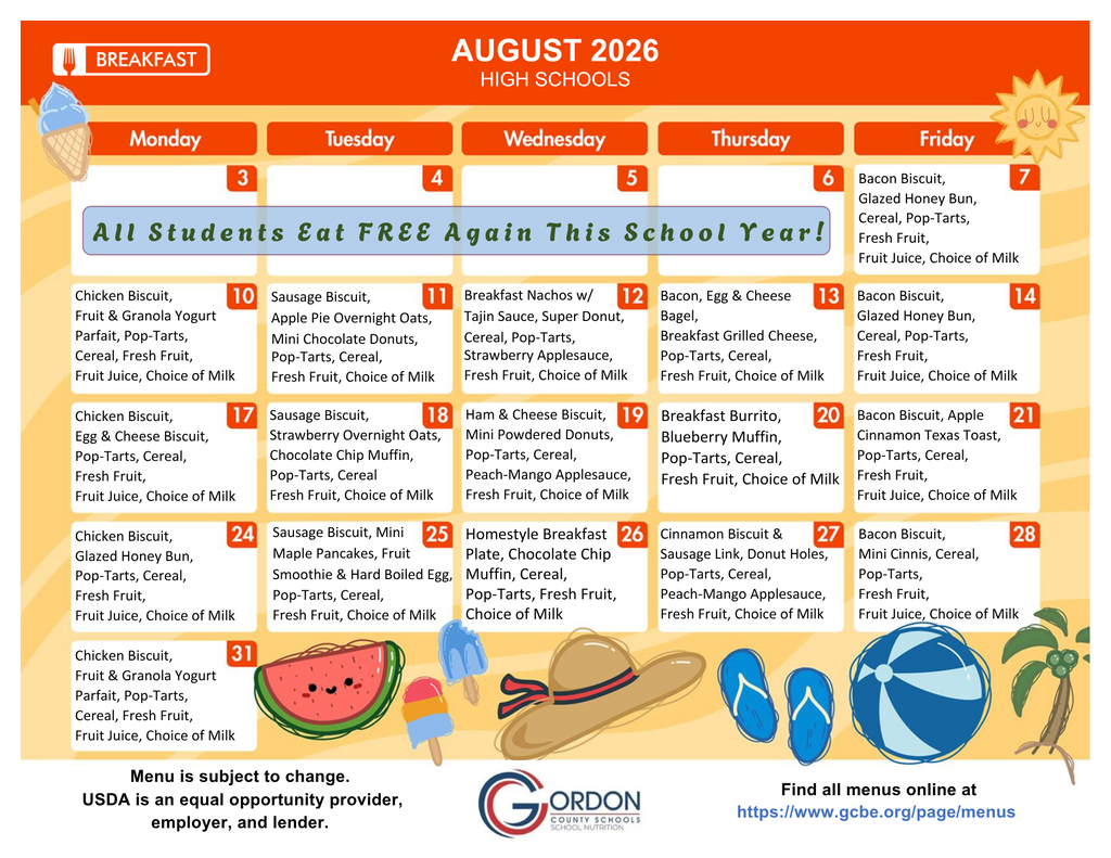 August 2026 breakfast menus for high schools in Gordon County, GA