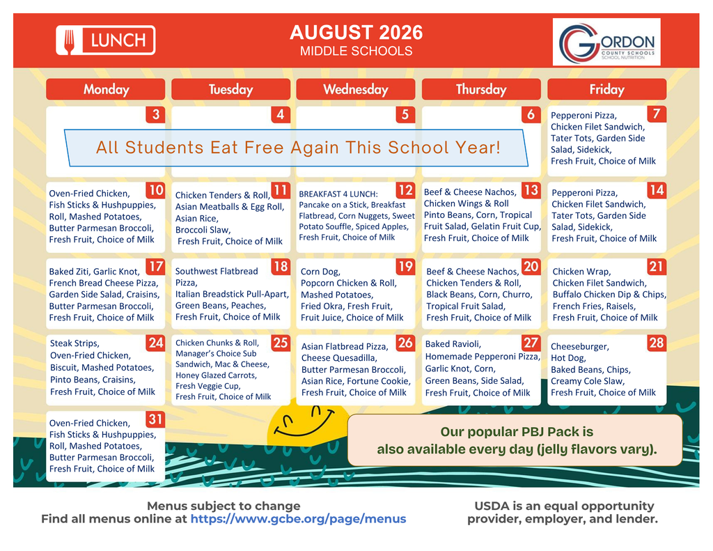 lunch menu for August