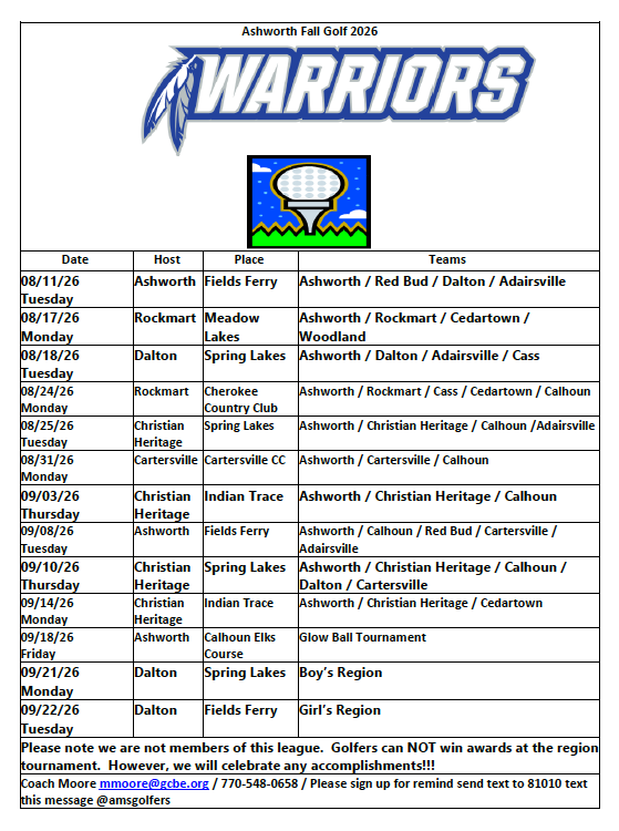 Golf Schedule 2026-27