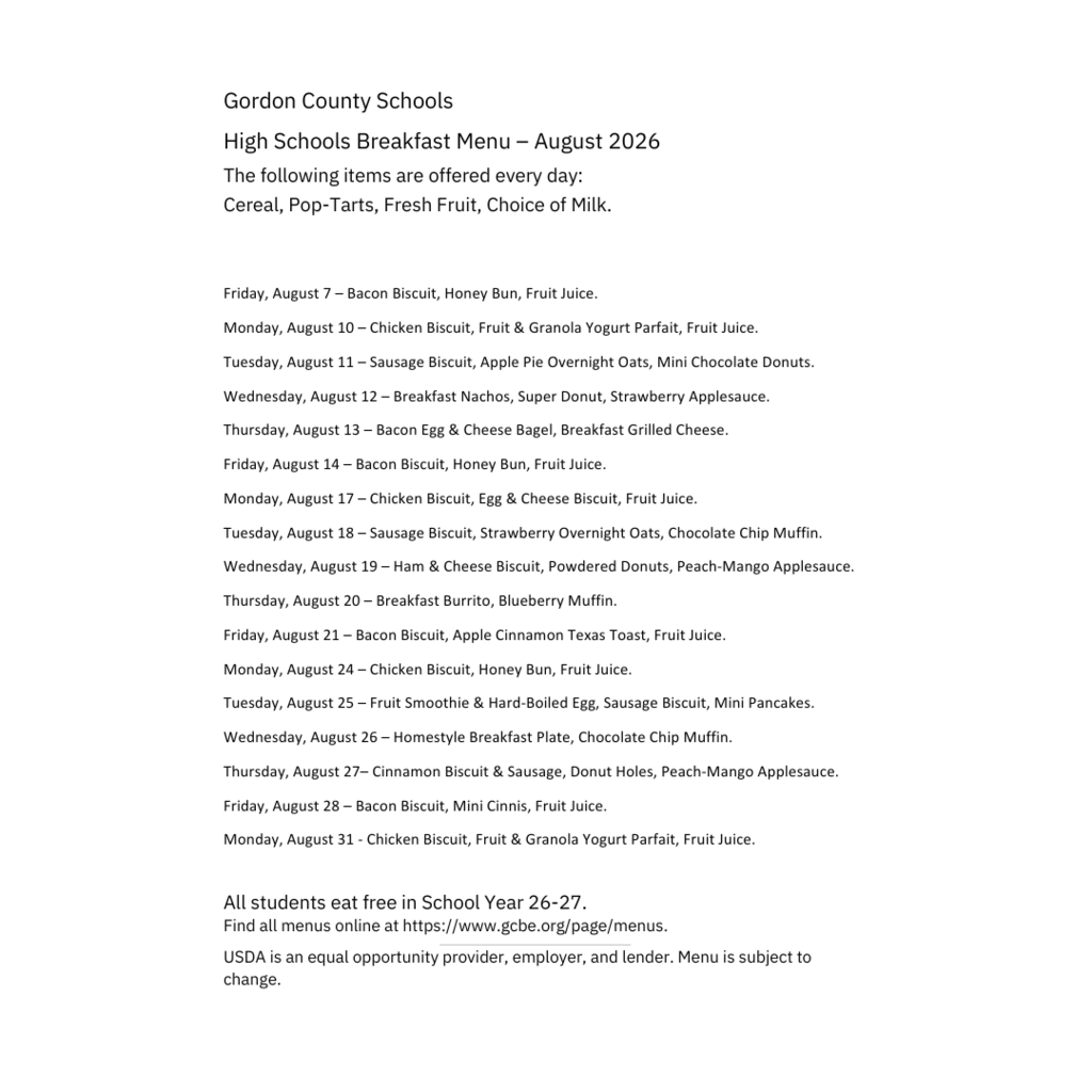 August High School Breakfast Menu - Accessible
