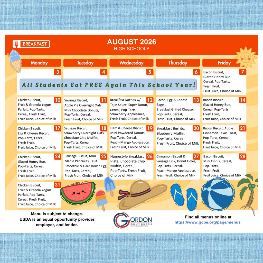 August High School Breakfast Menu on Calendar