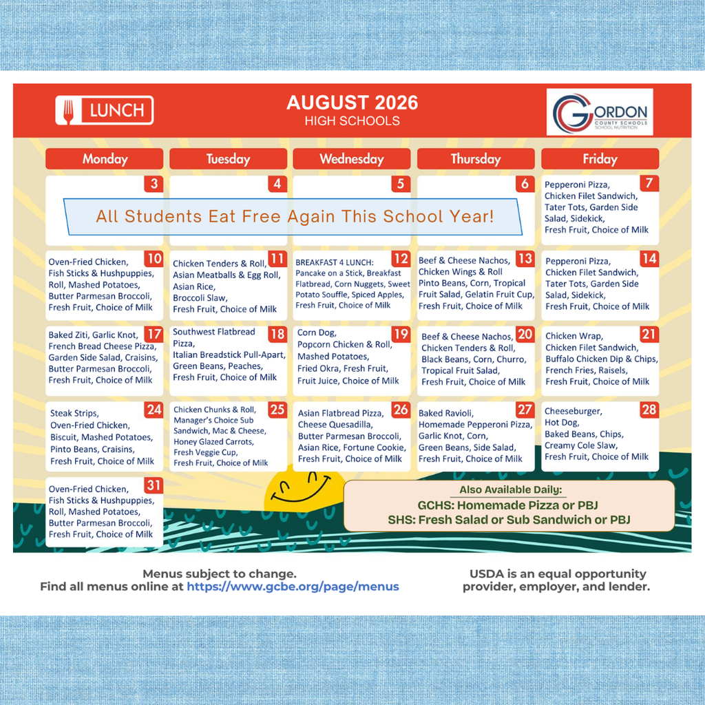 August High School Lunch Menu on Calendar
