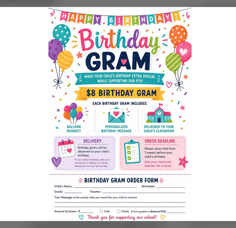 Birthday grams being sold by Belwood PTO for $8.00