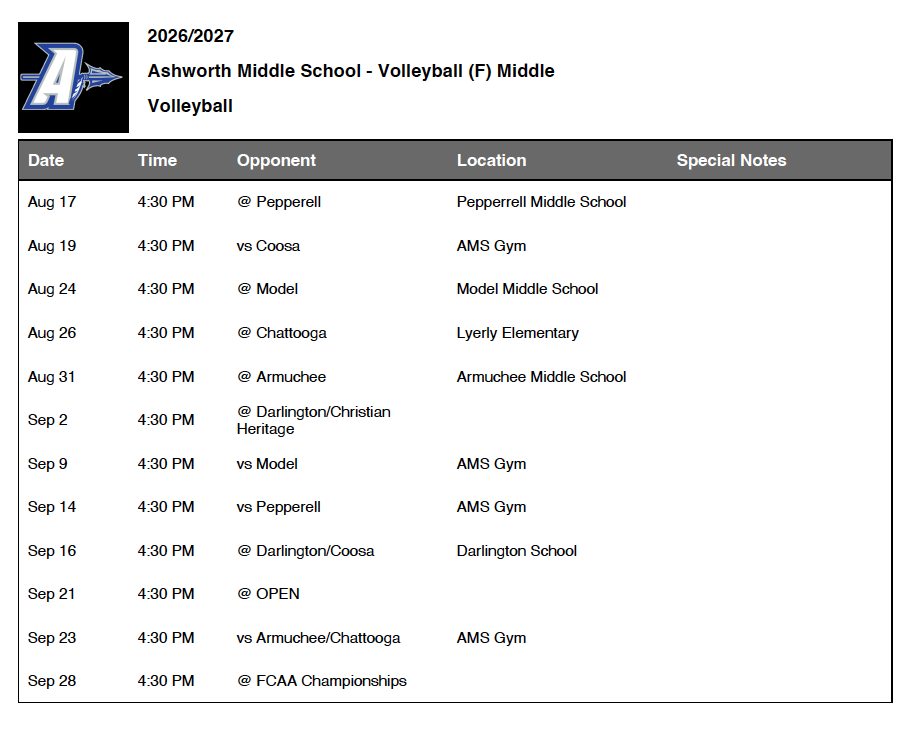 2026-27 Volleyball Schedule