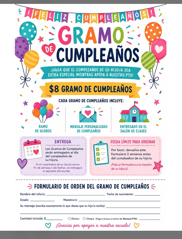 Birthday Grams PTO Spanish form