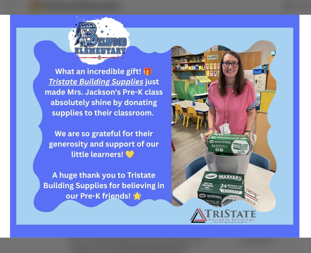 TriState Building Supplies donated school supplies to T. Jackson's PreK class.