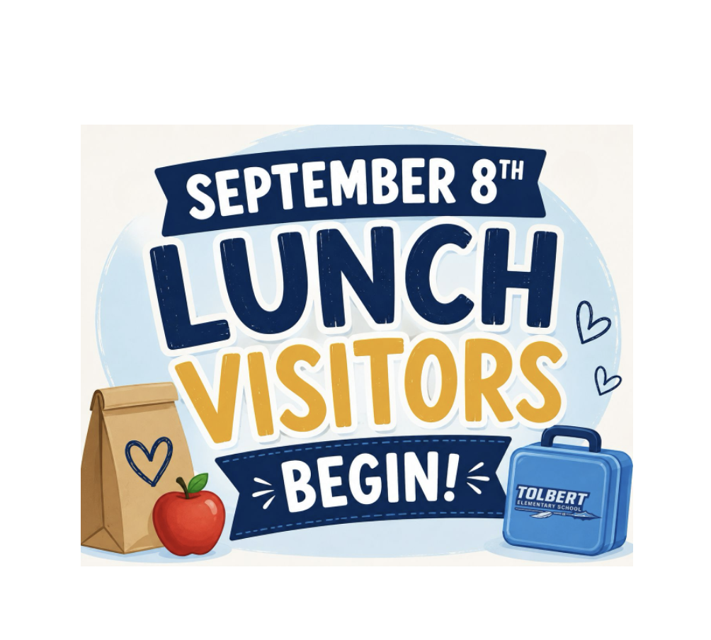 Colorful school graphic announcing, “September 8th — Lunch Visitors Begin!” with a lunch bag, apple, and blue lunchbox.