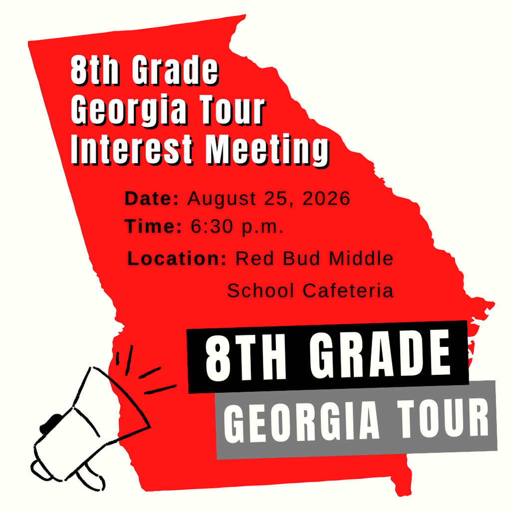 This is an red image of the state of Georgia that includes information about the 8th grade GA Tour. The information contained within is stated in the post.