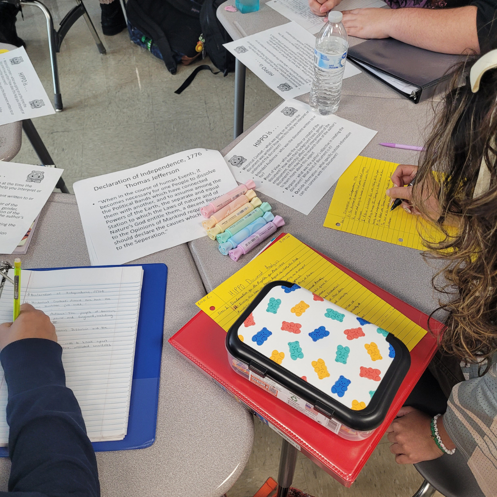 For Unplugged Wednesday, students in Mr. Skiffen's AP World History class used the "HIPPO" method to source important documents that they have ready from 9th grade and now. Students looked at excerpts from the Declaration of Independence, the Preamble of the Constitution, and the Declaration of the Rights of Man from the French Revolution to learn about historical context, intended audience, purpose, point of view, and information outside the documents. This information will help students on their Document Based Questions on the AP Exam in the Spring!"