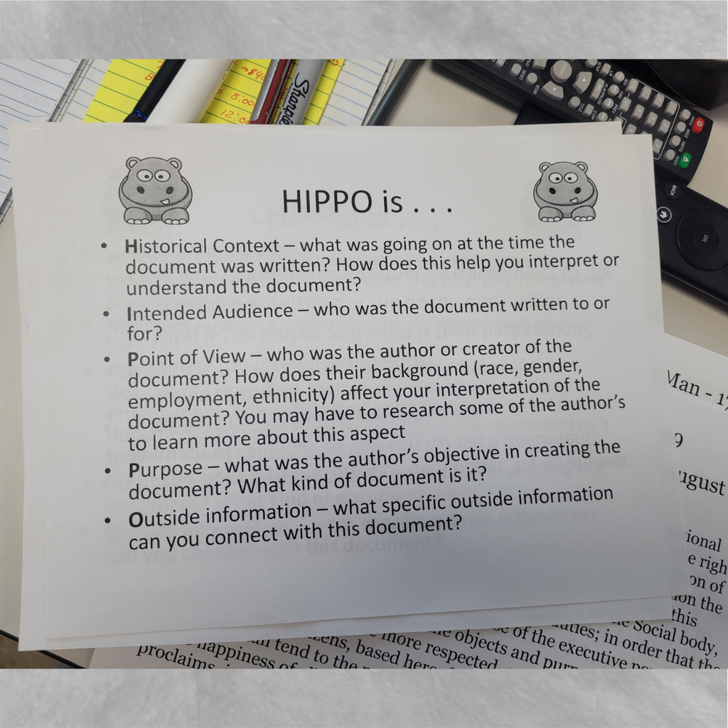 For Unplugged Wednesday, students in Mr. Skiffen's AP World History class used the "HIPPO" method to source important documents that they have ready from 9th grade and now. Students looked at excerpts from the Declaration of Independence, the Preamble of the Constitution, and the Declaration of the Rights of Man from the French Revolution to learn about historical context, intended audience, purpose, point of view, and information outside the documents. This information will help students on their Document Based Questions on the AP Exam in the Spring!"