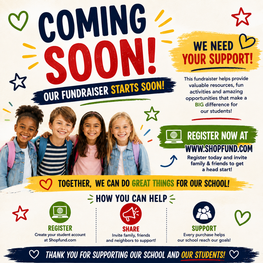 Colorful school fundraiser flyer with four smiling students. It encourages families to register, share, and support the school.