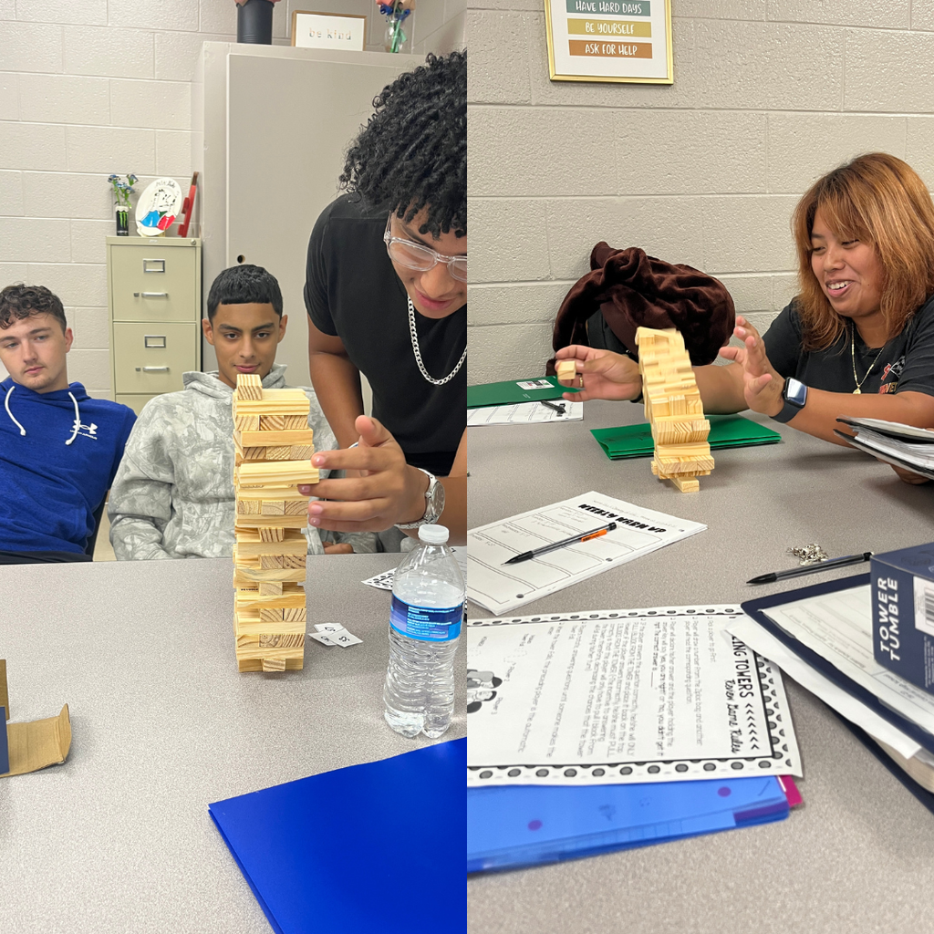 During "Unplugged Wednesday," students in Mrs. Watts' Biology classes rotated between an enzymes lab in which they tested how varying amounts of substrate affect reaction rate and a Jenga review game in which they answered review questions for a unit test.