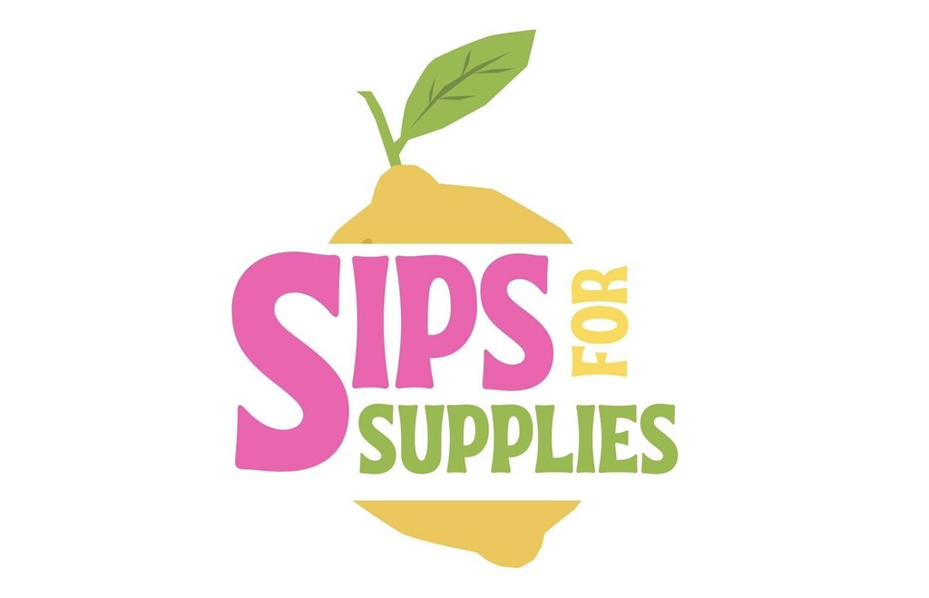 Colorful “Sips for Supplies” logo featuring a yellow lemon with a green leaf.