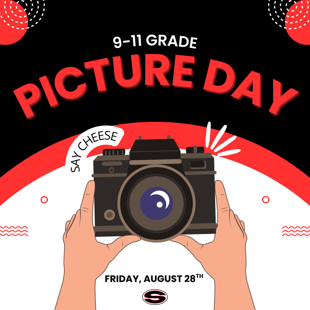 An image with a camera to serve as a reminder that 9-11 grade picture day will be on Friday, August 28th.