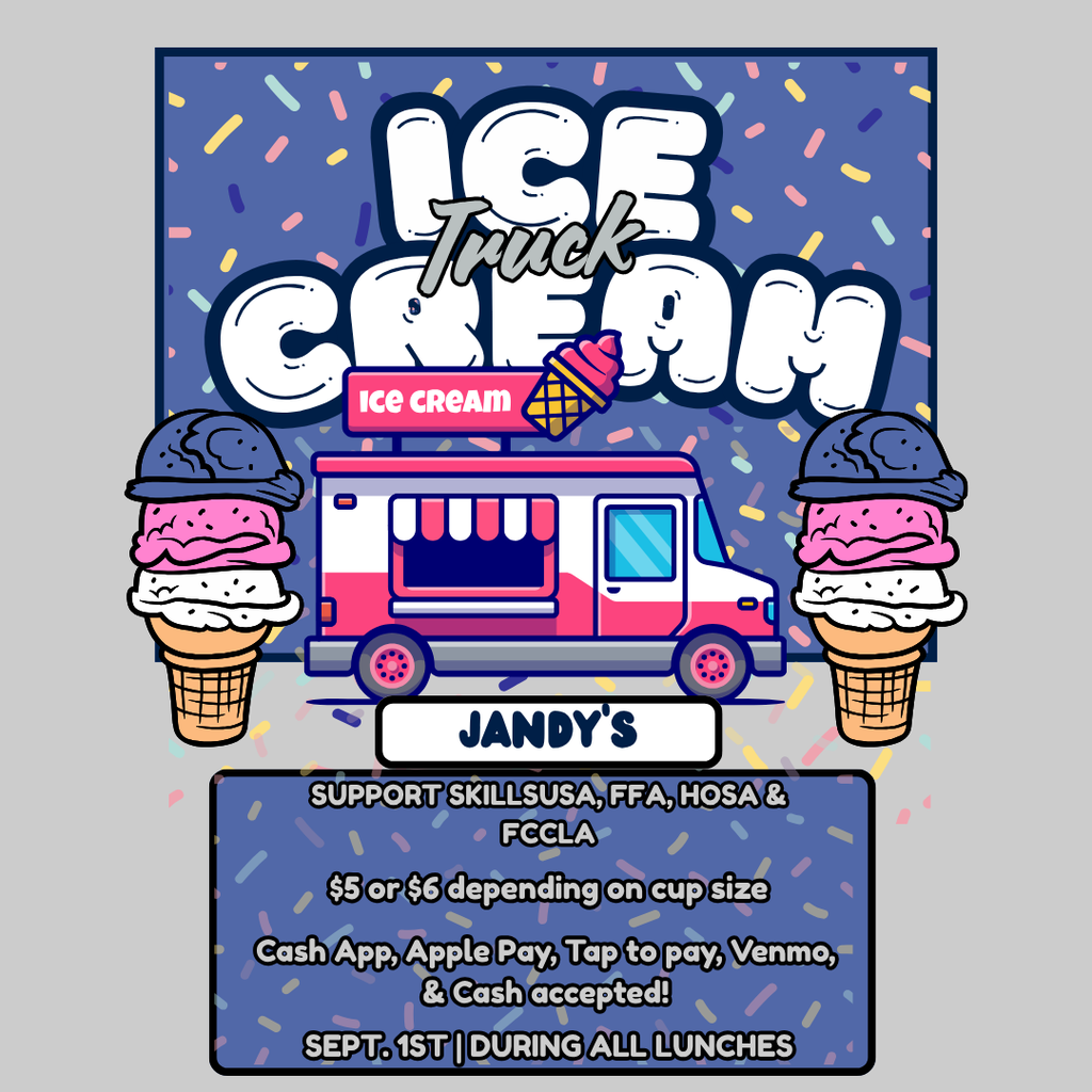 🍦 FROZEN YOGURT TRUCK COMING TO GCHS! 🍦 Get ready for a sweet treat! Jandy’s Frozen Yogurt Truck will be at GCHS on September 1st during all lunches! 🎉 🍨 Cups: $5 or $6 💳 All forms of payment accepted ⏰ You can purchase your treat after the first 10 minutes of lunch. Mr. Worley or Mrs. Hice will announce during each lunch when it’s time to head outside and grab your frozen yogurt! 😋 Don’t miss out! 🍦💙🤍