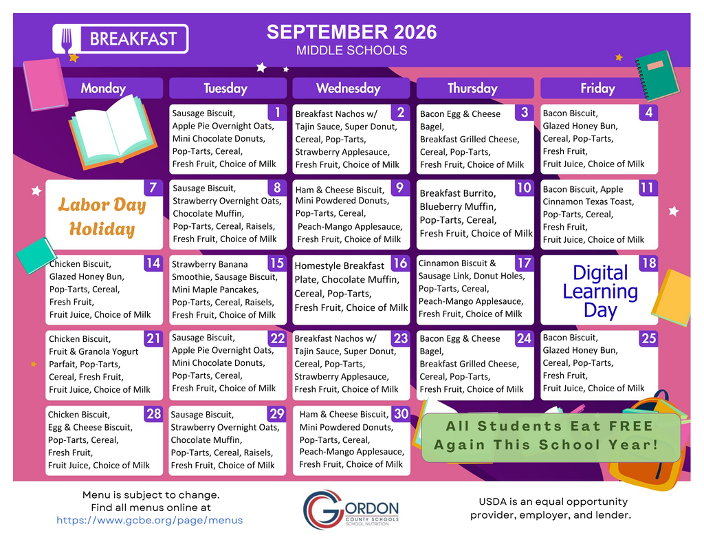 September 2026 breakfast menus for middle schools in Gordon County, GA.