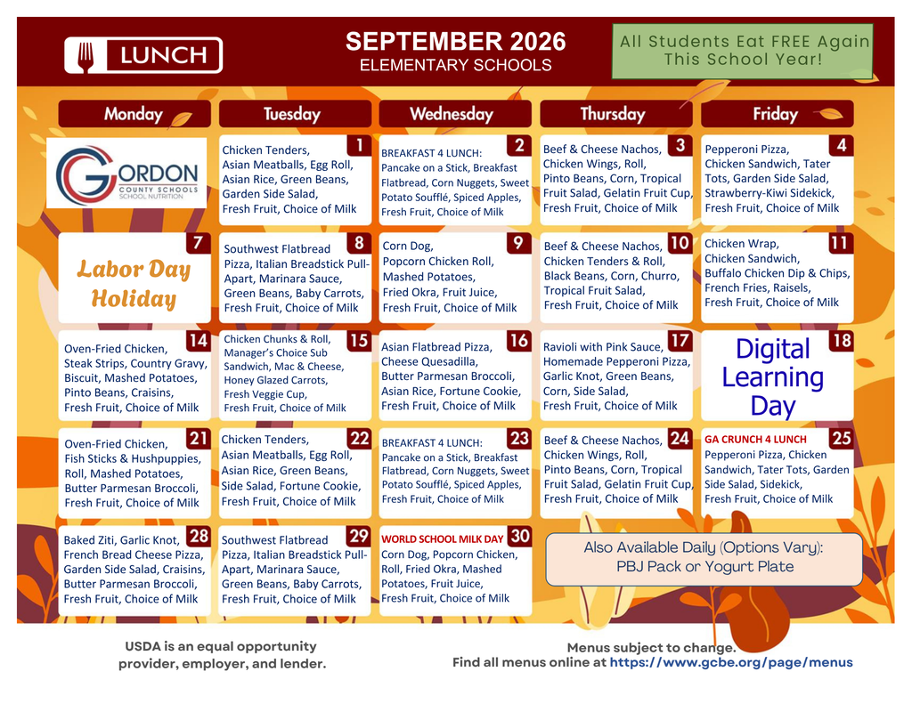 September 2026 lunch menus for elementary schools in Gordon County, GA.