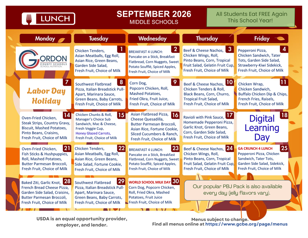 September 2026 lunch menus for middle schools in Gordon County, GA.