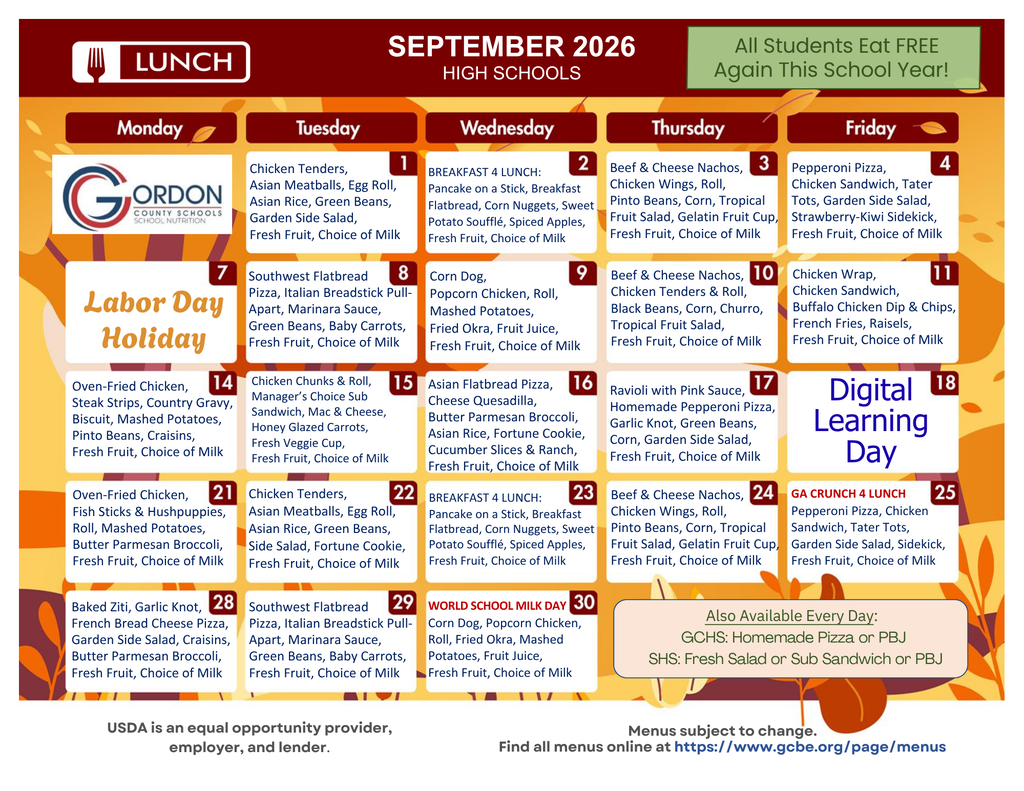 September 2026 lunch menus for high schools in Gordon County, GA.