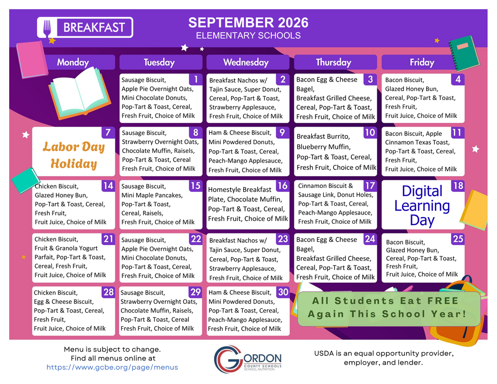 September 2026 breakfast menus for elementary schools in Gordon County, GA.
