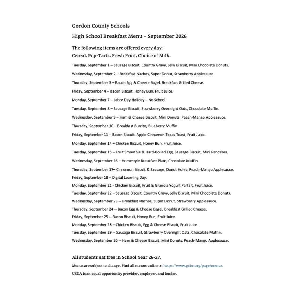 Scan page for full lunch menu for September 2026