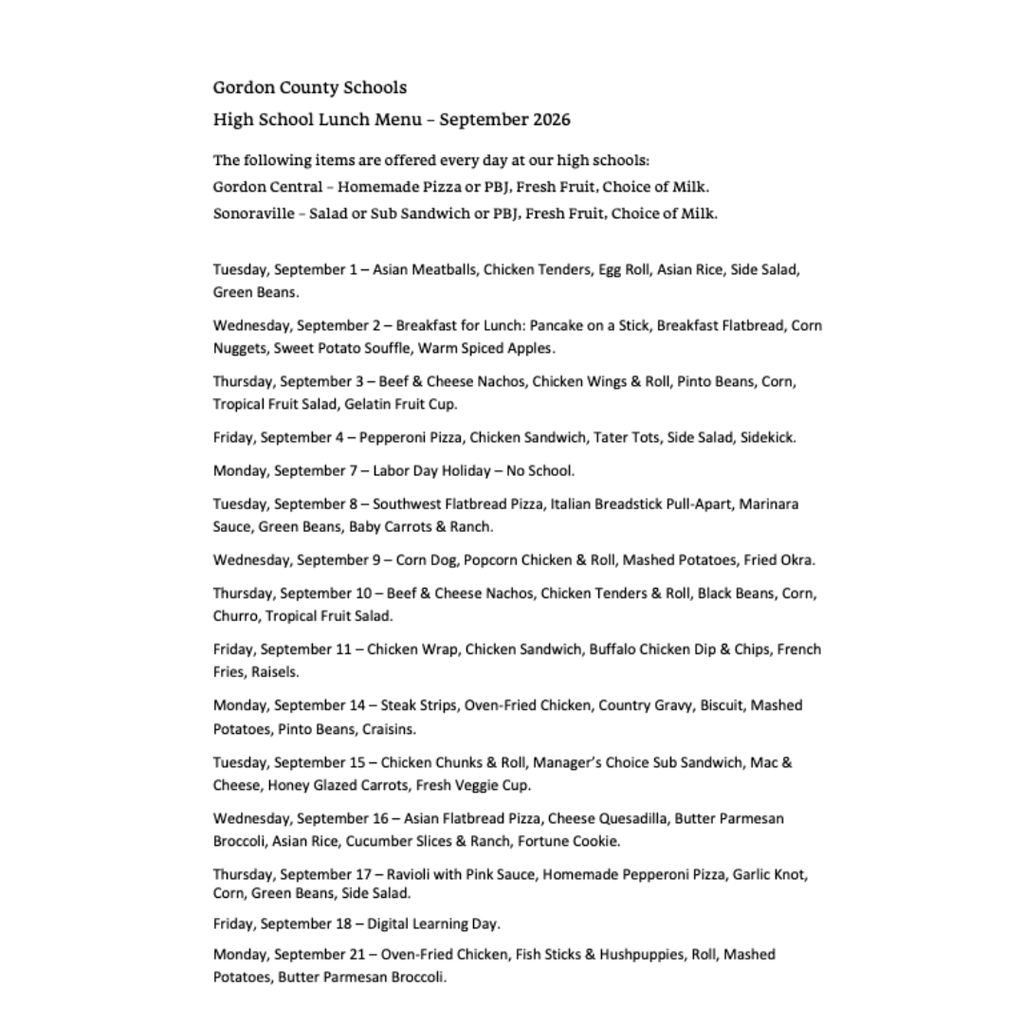 Scan page for full breakfast menu for Sept. 2026