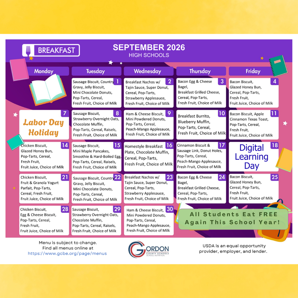 Calendar based menu for Sept. 2026 Breakfast Menu