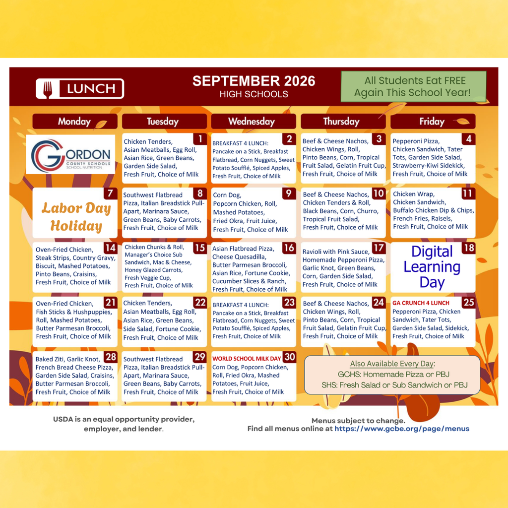 Calendar based version of September 2026 Lunch Menu
